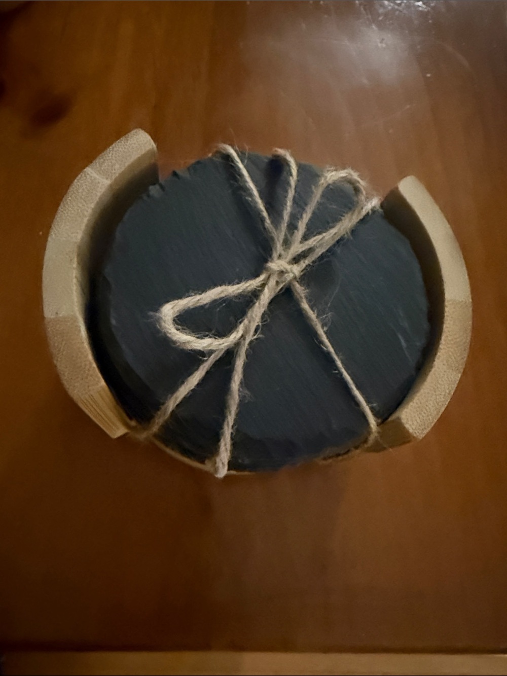 Slate Round Coaster Set with Wood Holder